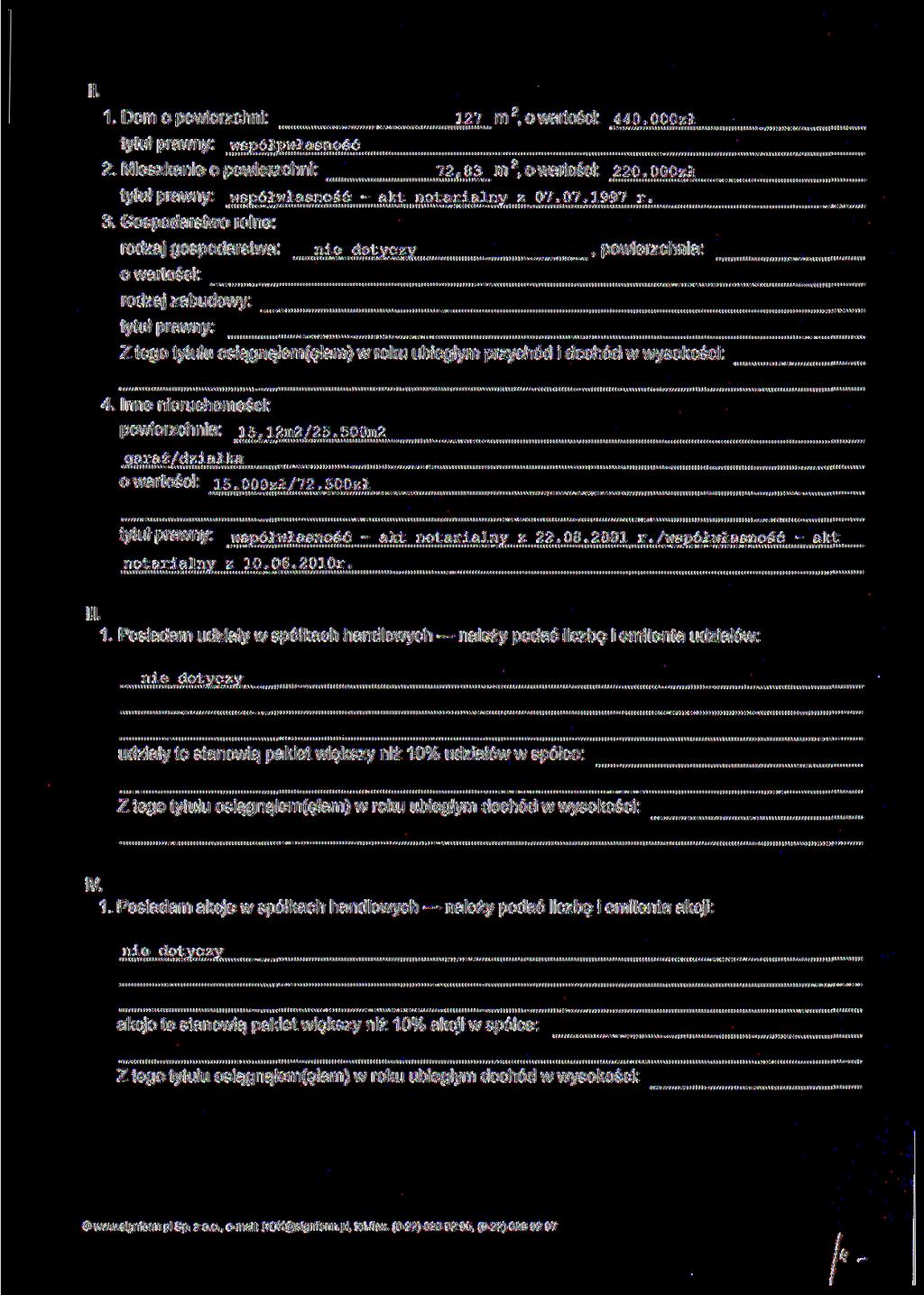 1. Dom o powierzchni: 127 m 2, o wartości: 44o.ppozł tytuł prawny: wspćł wiasność 2. Mieszkanie o powierzchni: 72, 83 m 2, owartości: 220.0ppzł tytuł prawny: wspć ł wł asnoś ć - akt notarialny z 07.