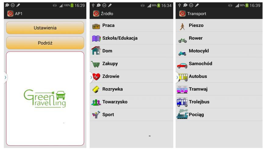 Rys. 1. Wybrane okna dialogowe aplikacji do pomiaru zachowań komunikacyjnych i rejestracji podróży z możliwością aktualizacji środka transportu po przesiadkach (opracowanie własne).