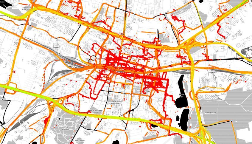 Rys. 4. Interpretacja graficzna podróży na obszarze Katowic profile prędkości multimodalność (opracowanie własne z wykorzystaniem aplikacji Quantum GIS oraz podkładu Open Street Map).