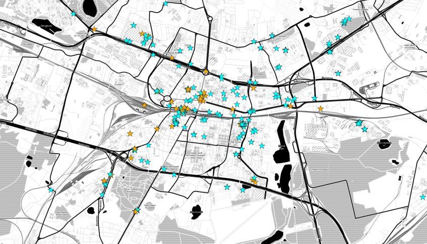 Interpretacja graficzna podróży na obszarze Katowic według typów łańcuchów przemieszczeń multimodalność (opracowanie własne z wykorzystaniem aplikacji Quantum GIS oraz podkładu Open Street Map).