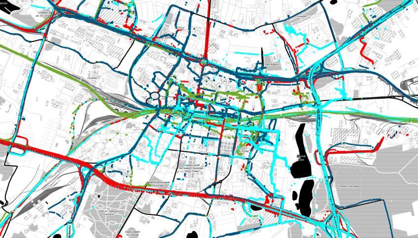 Rys. 7. Interpretacja graficzna podróży na obszarze Katowic według motywacji (opracowanie własne z wykorzystaniem aplikacji Quantum GIS oraz podkładu Open Street Map).