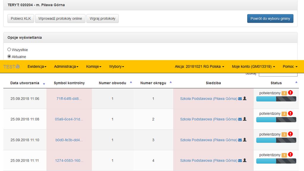 Na liście protokołów w gminie jest widoczny aktualny status