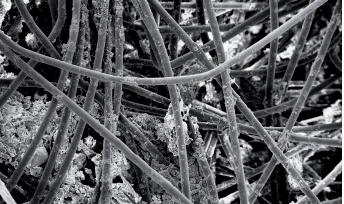 Zdjęcia wykonane mikroskopem skaningowym osadów odłożonych na powierzchni geowłókniny, wewnątrz i pod geowłókniną w czasie infiltracji zawiesiny z wody rzecznej przedstawiono na rysunkach 9 i 10.