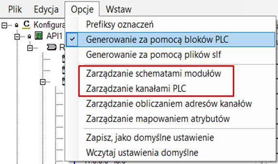 PLC. Strona 14 Polecenia Zarządzanie schematami modułów i Zarządzanie kanałami PLC służą do zdefiniowania domyślnych schematów dla modułów oraz kanałów PLC w zależności od ich typu.