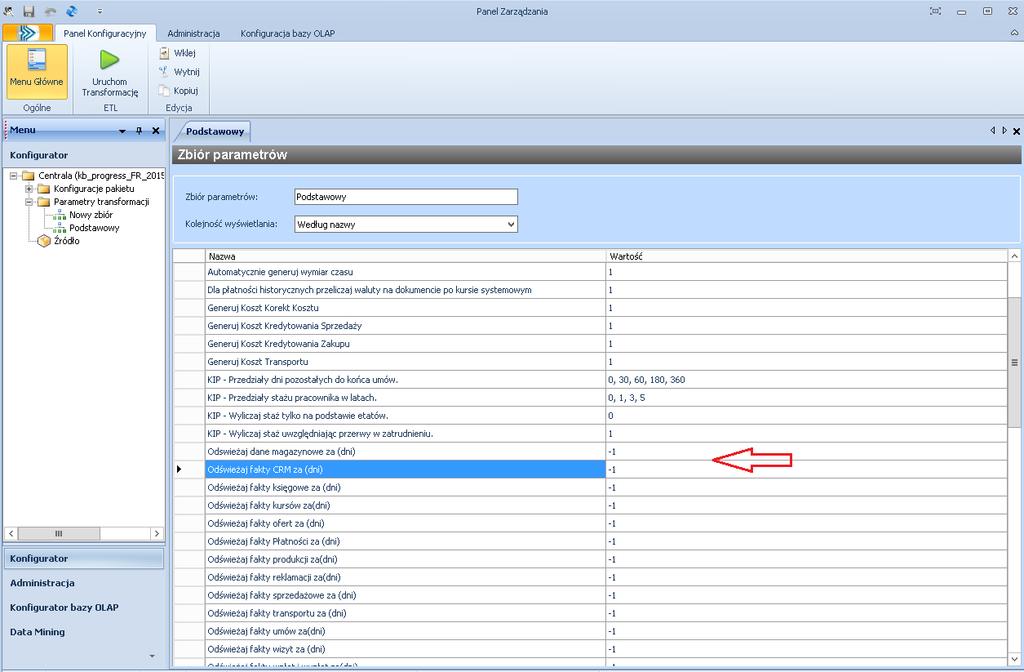 7. Transformacja ETL z pełnym odświeżaniem faktów księgowych, magazynowych i sprzedażowych Po stworzeniu nowej bazy OLAP należy przeprowadzić transformację z wartością -1 ustawioną dla parametrów