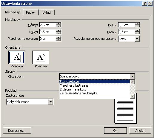 Na karcie Marginesy można ustalić wielkość marginesów, orientację strony, układ stron dla dokumentów wielostronicowych Rysunek 3.