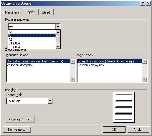 Na karcie Papier wybiera się m.in.