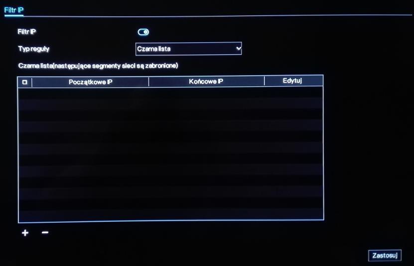 3.5.6 Filtr IP W tym menu można ustalić zakresy adresów IP, które są zabronione lub jedynie dozwolone do
