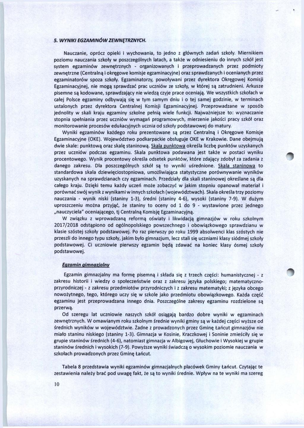 5. WYNIKI EGZAMINÓW ZEWNĘTRZNYCH. Nauczanie, oprócz opieki i wychowania, to jedno z głównych zadań szkoły.