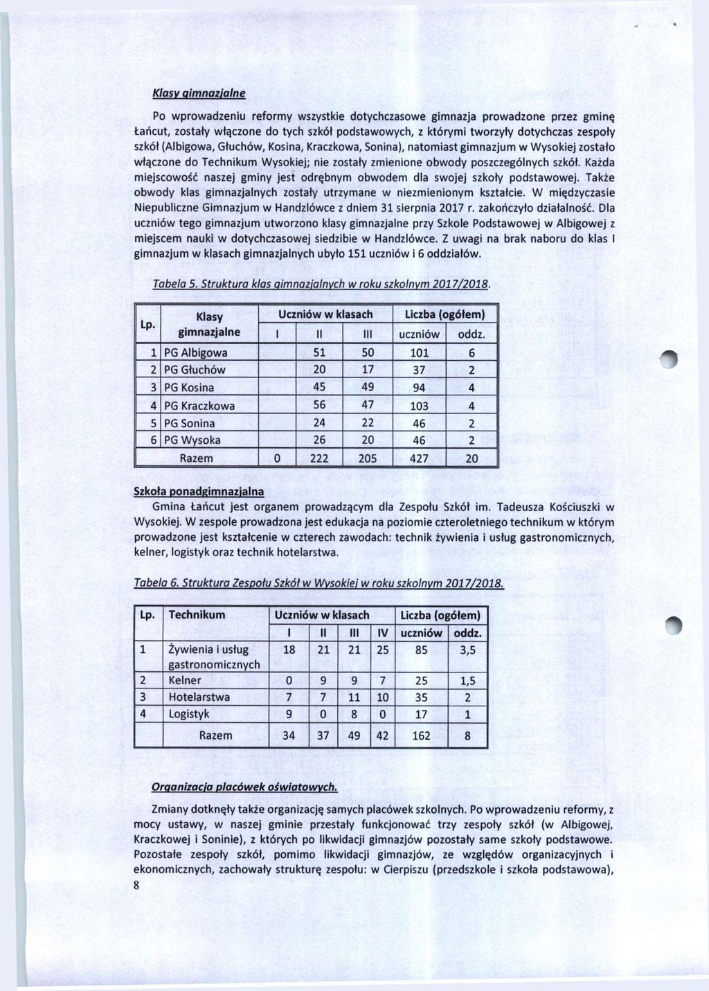 Klasy gimnazjalne Po wprowadzeniu reformy wszystkie dotychczasowe gimnazja prowadzone przez gminę Łańcut, zostały włączone do tych szkół podstawowych, z którymi tworzyły dotychczas zespoły szkół