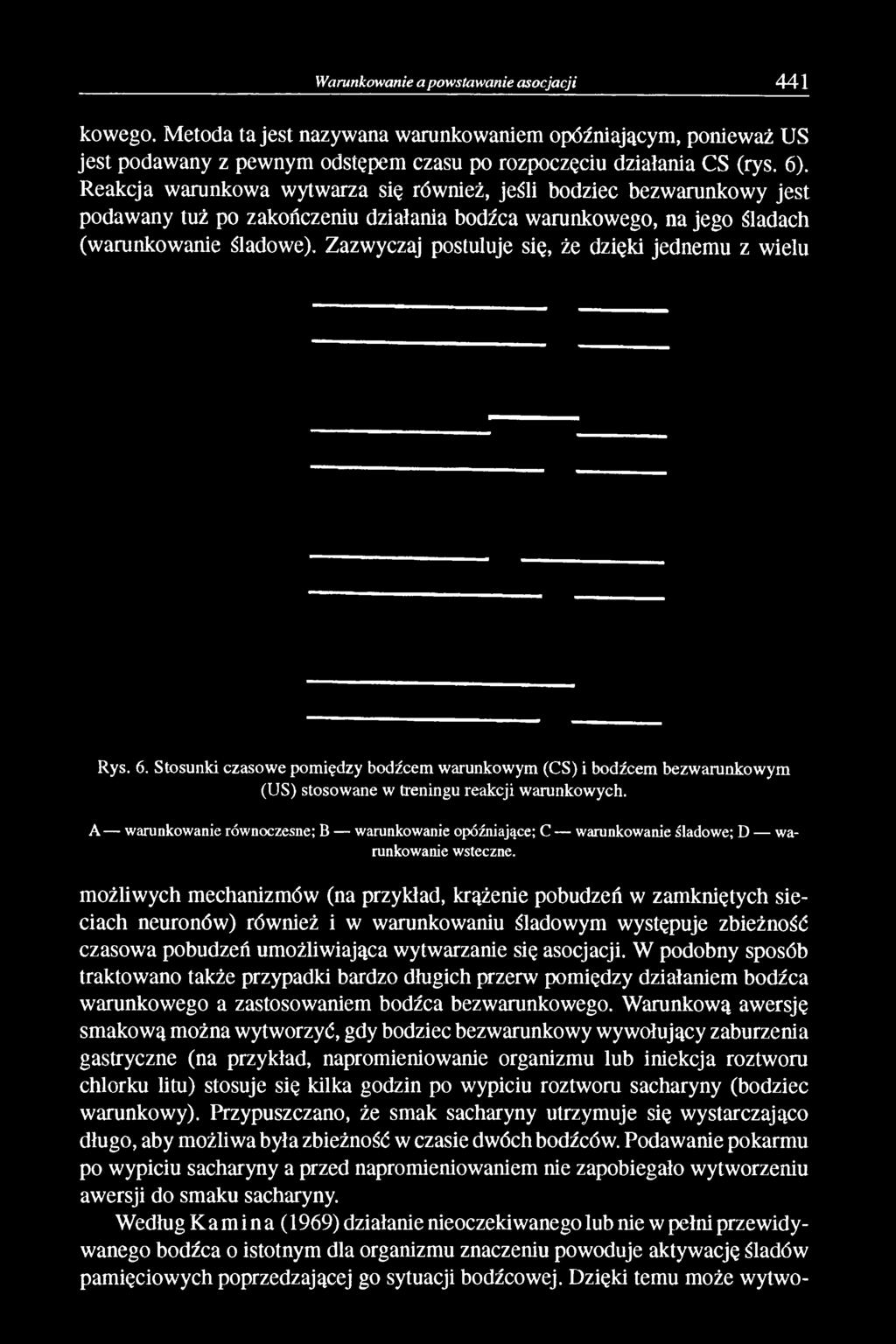 Zazwyczaj postuluje się, że dzięki jednemu z wielu Rys. 6. Stosunki czasowe pomiędzy bodźcem warunkowym (CS) i bodźcem bezwarunkowym (US) stosowane w treningu reakcji warunkowych.