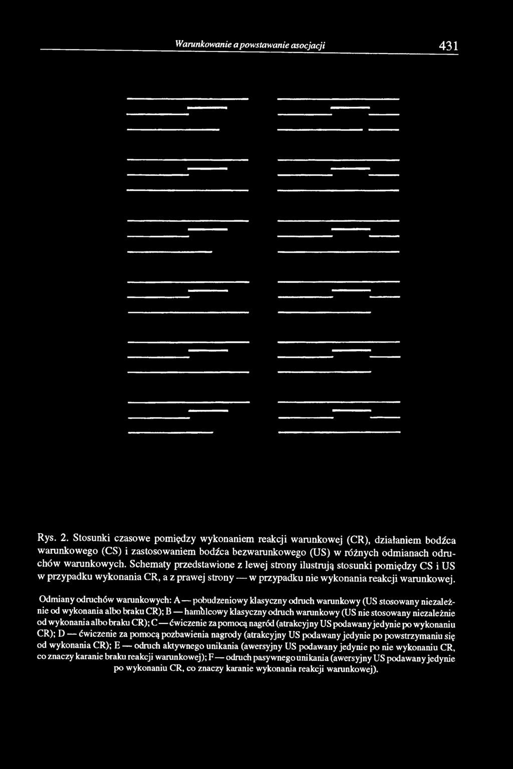 Schematy przedstawione z lewej strony ilustrują stosunki pomiędzy CS i US w przypadku wykonania CR, a z prawej strony w przypadku nie wykonania reakcji warunkowej.