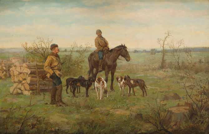 7 ANTONI PIOTROWSKI (1853-1924) Scena przed polowaniem olej/płótno, 65 x 100 cm