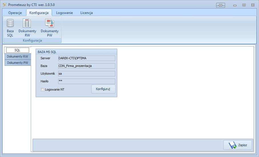 5.1. Baza SQL W części Baza SQL można zmienić dane do połączenia z serwerem i bazą danych, które zostały podane przy pierwszym uruchomieniu programu: W celu zmiany danych należy kliknąć Konfiguruj.