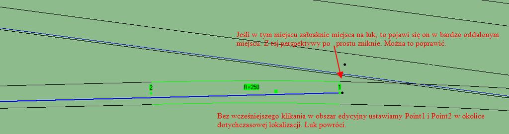 Doprowadzamy tor od rozjazdu, dzielimy na dwa i łączymy. Wstępnie ustawiamy łuk o promieniu mniejszym niż docelowy.