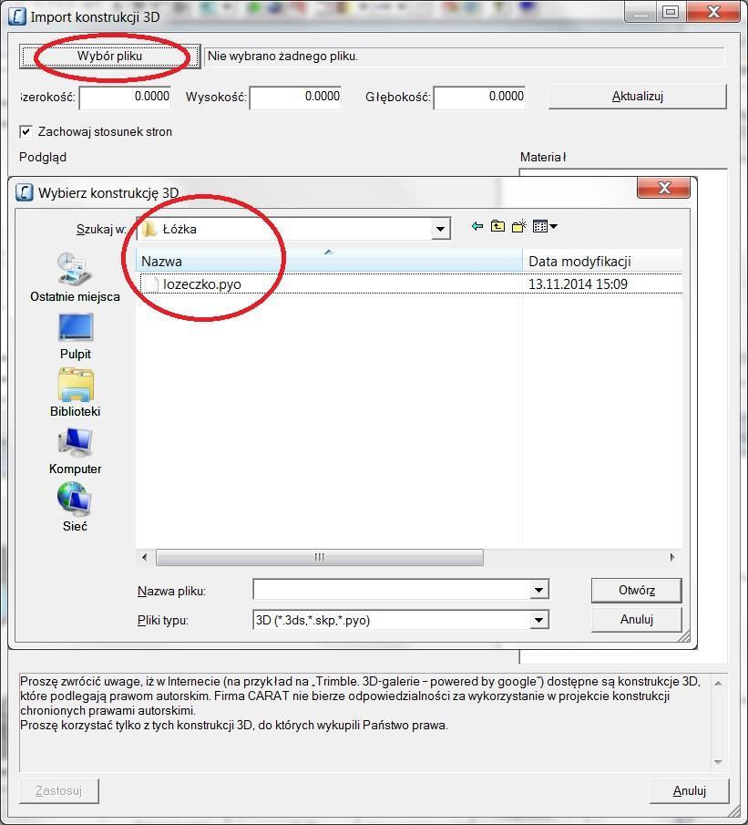 Import konstrukcji 3D W otwartym dialogu IMPORT KONSTRUKCJI 3D należy kliknąć na przycisk WYBÓR PLIKU.
