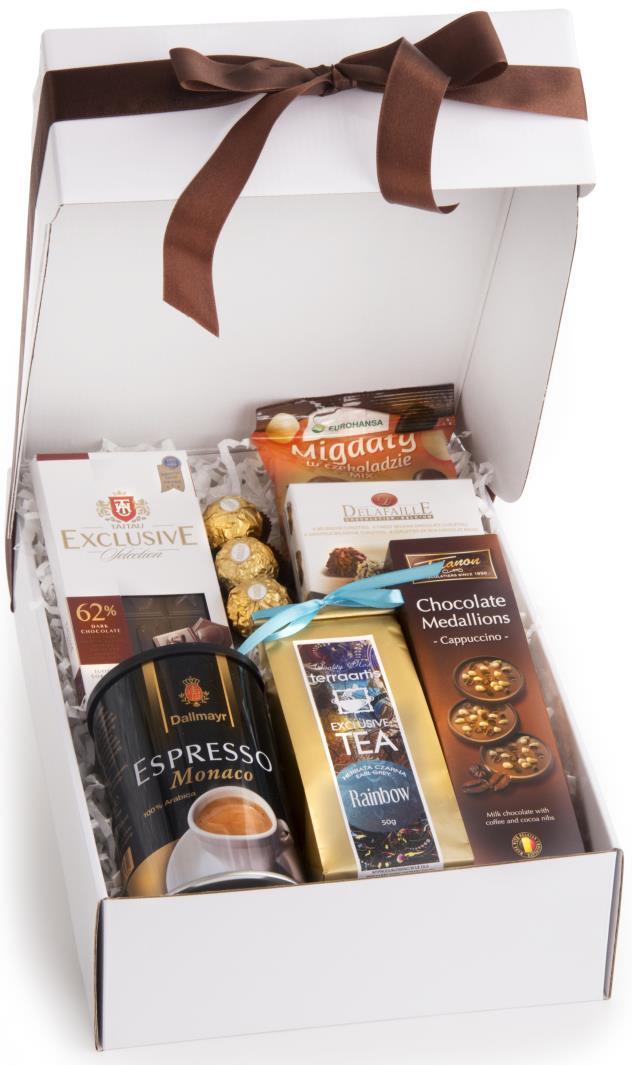 ZESTAW VIKA *Kawa Espresso Monaco 100% arabica w puszce 200g *Tabliczka wyśmienitej czekolady 62% 100g *Czekoladowe pralinki Ferrero Roche 3 sztuki *Herbata aromatyzowana w sakiewce z kokardką 50g