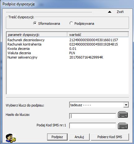 Aby prawidłowo autoryzować dyspozycję wybierz klucz, a następnie wpisz hasło do klucza oraz kod autoryzacji SMS.