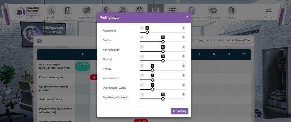 2.3. Kompetencje Zakładka kompetencje posiada informacje nt. kompetencji użytkownika na podstawie podejmowanych decyzji. W symulacji system ocenia 8 kluczowych kompetencji project manager tj.