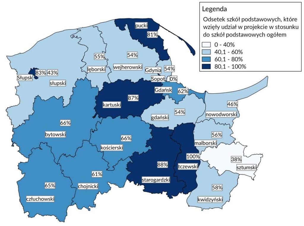 projektów. Na terenie 9 powiatów wsparciem zostały objęte placówki edukacji specjalnej, z czego najwięcej na terenie Miasta Gdańsk (8 placówek), a w innych powiatach od 1 do 4 placówek.