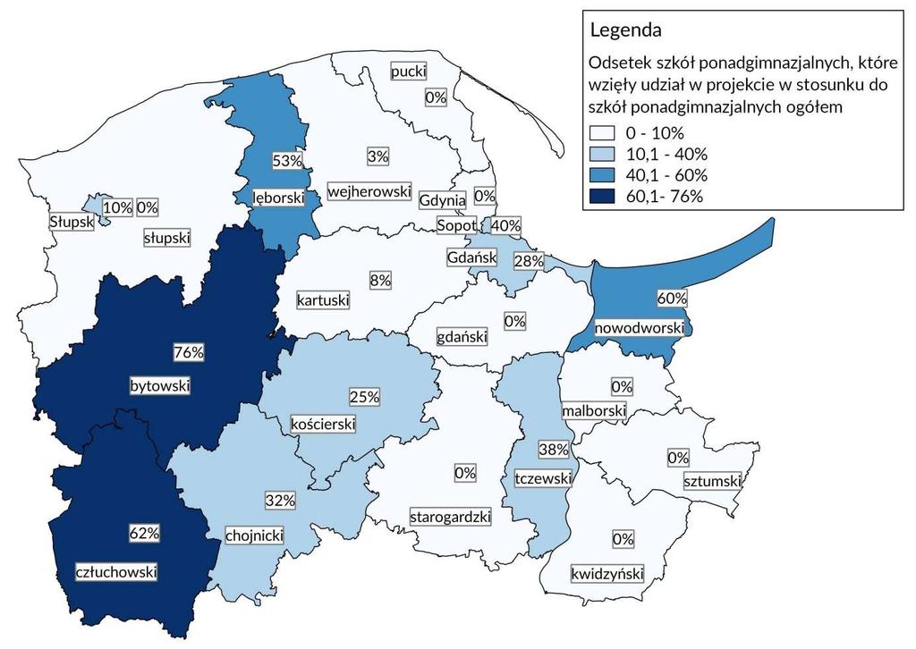 Mapa 4 Odsetek szkół ponadgimnazjalnych, które wzięły udział w projekcie w stosunku do wszystkich szkół ponadgimnazjalnych w danym powiecie Źródło: opracowanie własne na podstawie danych pozyskanych