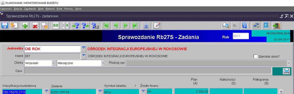 4. Sprawozdanie Rb-27S sprawozdanie z wykonania planu dochodów budżetowych samorządowej jednostki budżetowej/jednostki samorządu terytorialnego Obraz ekranu 8 - Sprawozdanie jednostkowe Rb-27S z