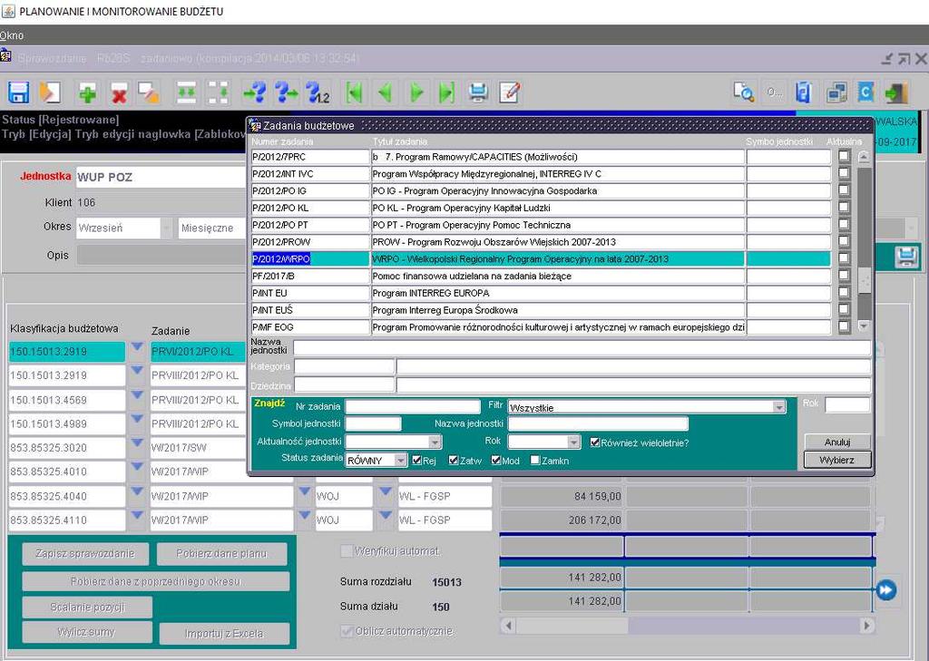 Obraz ekranu 13 Przeglądanie rejestru zadań budżetowych 10) Każda jednostka budżetowa, która realizuje projekty unijne zobowiązana jest sporządzić poza sprawozdaniem zbiorczym sprawozdanie Rb-28S z