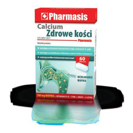 PROFILAKTYKA OSTEOPOROZY Calcium Zdrowe Kości Pharmasis to suplement diety o złożonym składzie, o wysokiej dawce wapnia, witaminy D oraz K. Skład uzupełnia cynk, miedź oraz aminokwas L-lizyna.