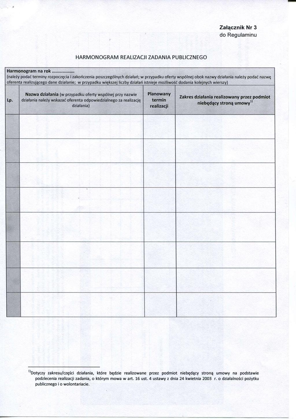 Załącznik Nr 3 do Regulaminu HARMONOGRAM REALIZACJI ZADANIA PUBLICZNEGO Harmonogram na rok (należy podać terminy rozpoczęcia i zakończenia poszczególnych działań; w przypadku oferty wspólnej obok