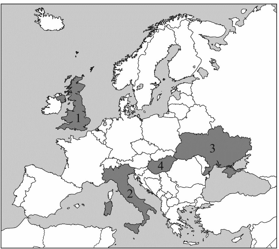 Zadanie 19. (0 2) Na mapie politycznej Europy podpisano Polskę oraz zaznaczono numerami 1 4 wybrane państwa. Polska 3 Dokończ każde zdanie odpowiednią informacją z ramki.