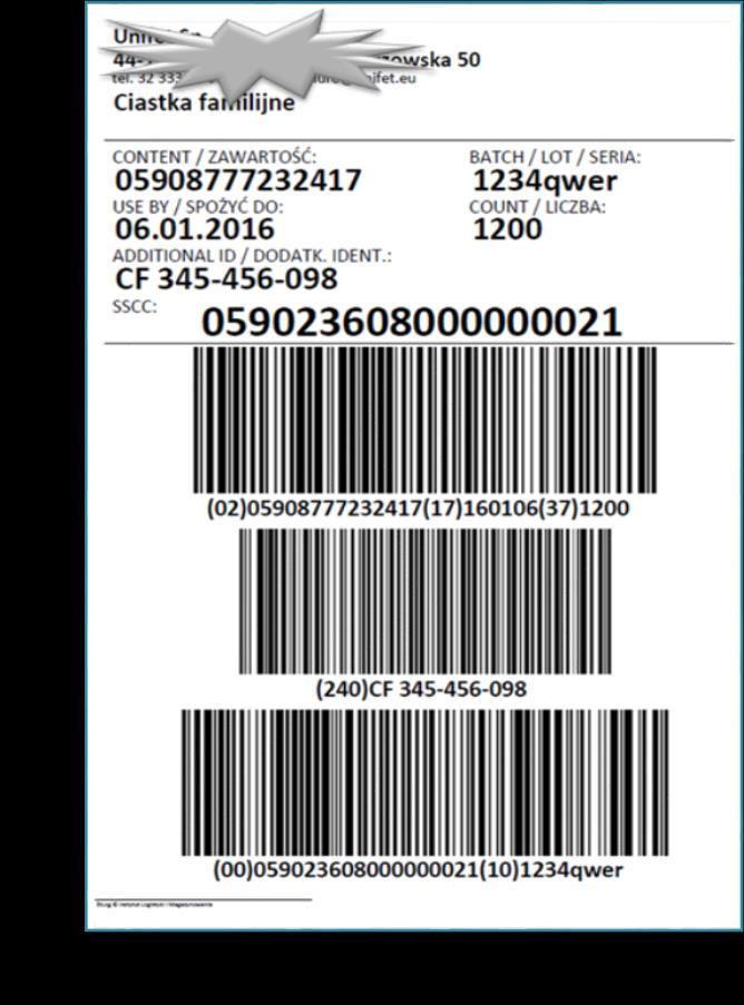 CHARAKTERYSTYKA NUMERÓW KODOWYCH GS1 Uwaga: Etykiety logistyczne są drukowane w systemie MASTA za pomocą specjalnej funkcji opracowanej w 100% zgodności treści etykiety ze standardami GS1. Na rys.