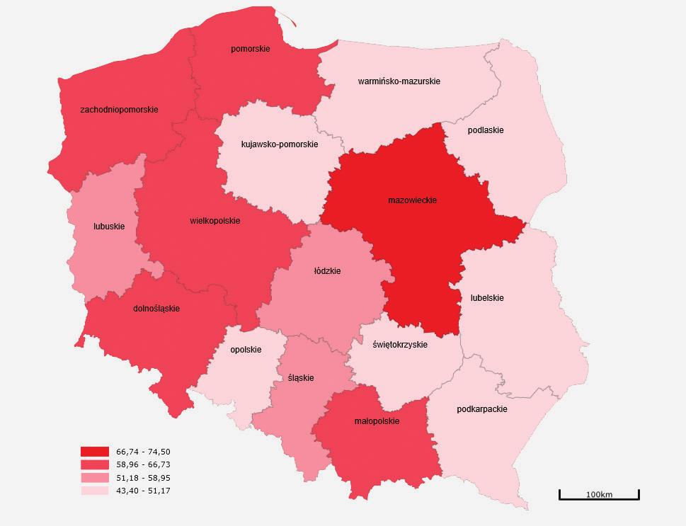 Wprowadzenie 7 Rysunek 1. Liczba mikroprzedsiębiorstw na 1000 mieszkańców w Polsce w 2017 r. Żródło: dane własne użytkownika. Wygenerowano w Dziedzinowej Bazie Wiedzy Atlas Regionów. GUS. Wykres 1.