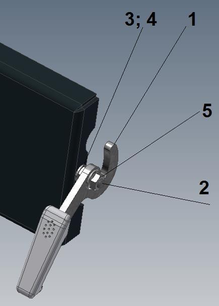 Rys. 15 Rączka zamykania drzwiczek 1. Rączka 2. Śruba zamkowa M8x25 ISO8678 3. Nakrętka niska M8 4. Podkładka 8,4 DIN125 5. Nakrętka sam.