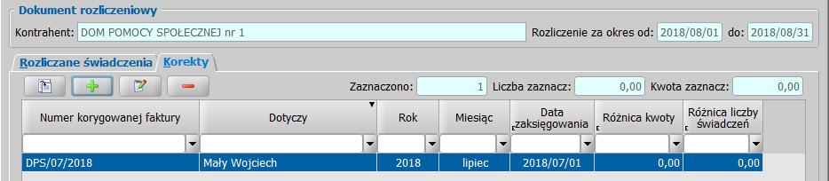 Z górnej części okna należy wybrać uprzednio rozliczony dokument (w naszym przykładzie dokument za lipiec), a z dolnej konkretną pozycję dokumentu.