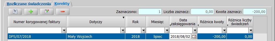 Wartości w kolumnach Różnica kwoty i Różnica liczby świadczeń można podać bezpośrednio na liście. Bezpośrednio po dodaniu wiersza, w obu tych kolumnach będą zera.