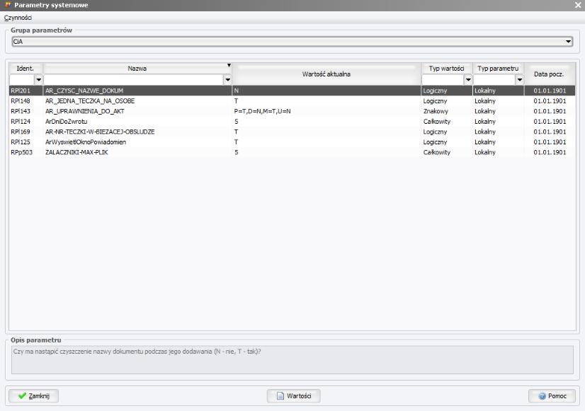 Administracja Lokalna > Parametryzacja > Parametry systemowe > Grupa parametrów "CiA". 1.