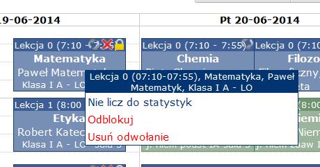 Jak zrobić, żeby obecności z zajęć odwołanych nie były liczone do frekwencji? Krok 1. Klikając na zajęcia, należy z podręcznego menu wybrać opcję Nie licz do statystyk.