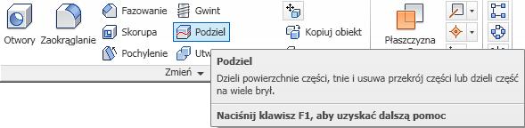 odrzucić jednej części przekroju. W tym celu wybieramy narzędzie Podziel, rys. 25.