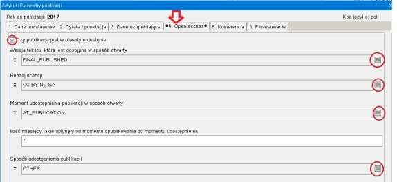 4. Open Access wypełniamy odpowiednie pola wybierając wartości ze