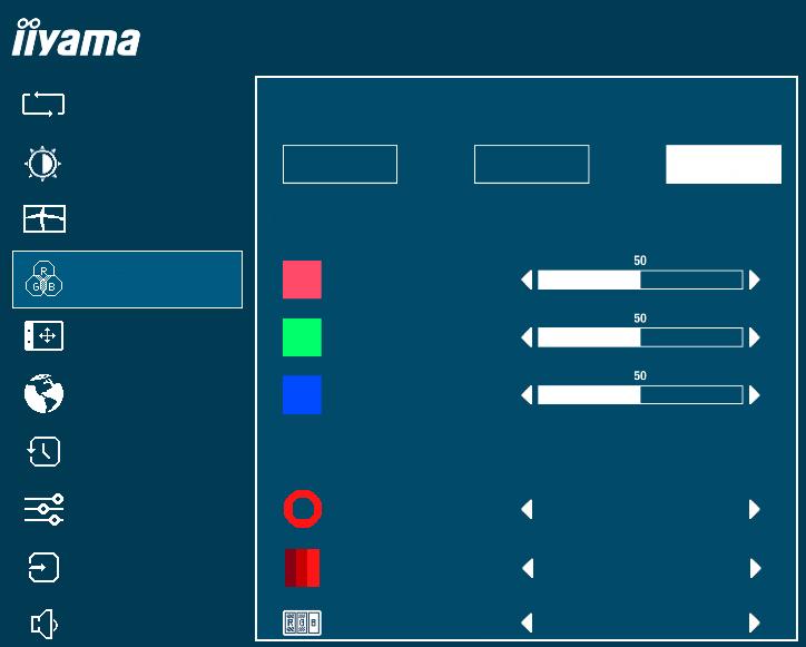 Ustawienia kolorów * Color Settings Autoregulacja Temperatura Kolorów ProLite XUB2495WSU Regulacje obrazu 9300K 7500K 6500K Geometria Ustawienia Użytkownika Ustawienia kolorów Czerwony OSD Zielony