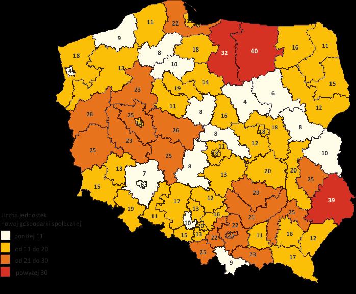 Najmniejszą liczbą osób uczestniczących w warsztatach charakteryzowały się województwa: lubuskie i opolskie (po 2%), tam też działało najmniej warsztatów.