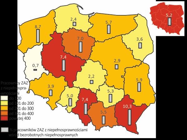 W 2016 r. w trzech województwach tj. mazowieckim, opolskim i zachodniopomorskim wszystkie zakłady aktywności zawodowej, podobnie jak w 2015 r.