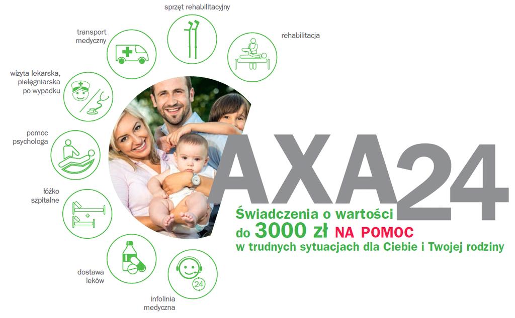 6.000 AXA 24 PAKIET ASSISTANCE dla Ubezpieczonego i jego rodziny przy zakupie jednej dodatkowej umowy ubezpieczeniowej W ramach PLNU ELASTYCZNEGO PREMIA Uprawnieni do korzystania z usług: