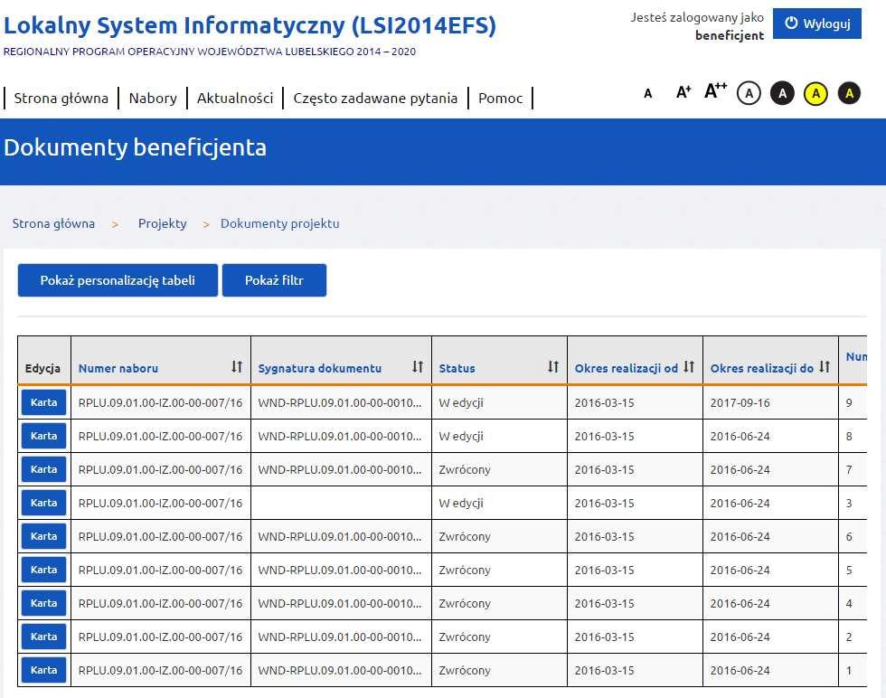 Przy każdej wersji wniosku o dofinansowanie widnieje przycisk Karta. Kliknięcie przycisku wyświetli menu operacji możliwych do wykonania dla wybranej wersji wniosku o dofinansowanie.