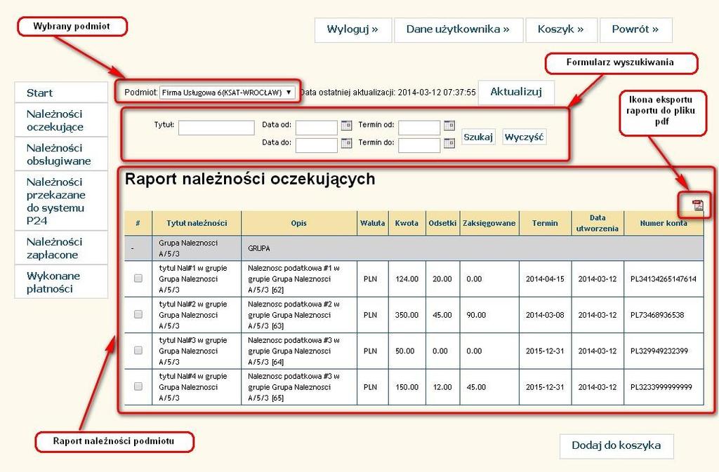 informacja o czasie ostatniej aktualizacji, przycisk aktualizacji na żądanie przycisk w zależności od konfiguracji integracji z systemami finansowo-księgowymi może nie być dostępny.