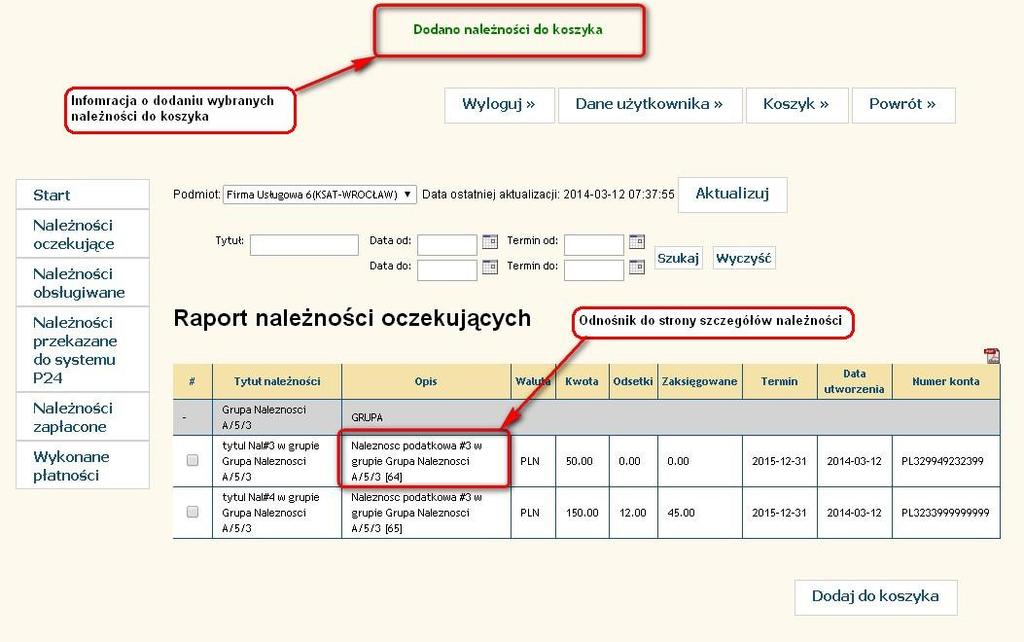 Dodanie należności do koszyka jest możliwe również ze strony szczegółów należności,