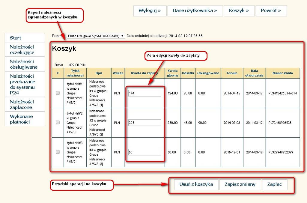 Usuwanie zobowiązań z koszyka może zostać wykonane z poziomu strony szczegółów należności oraz z raportu koszyka.