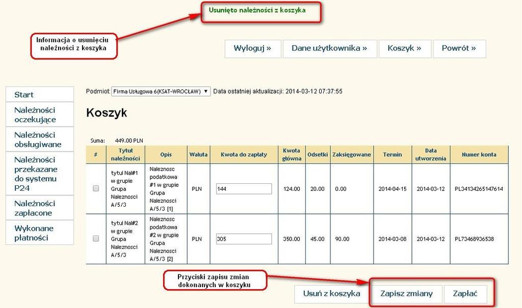 Po dokonaniu zmian można zapisać koszyk za pomocą przycisku Zapisz zmiany wówczas koszyk zostanie