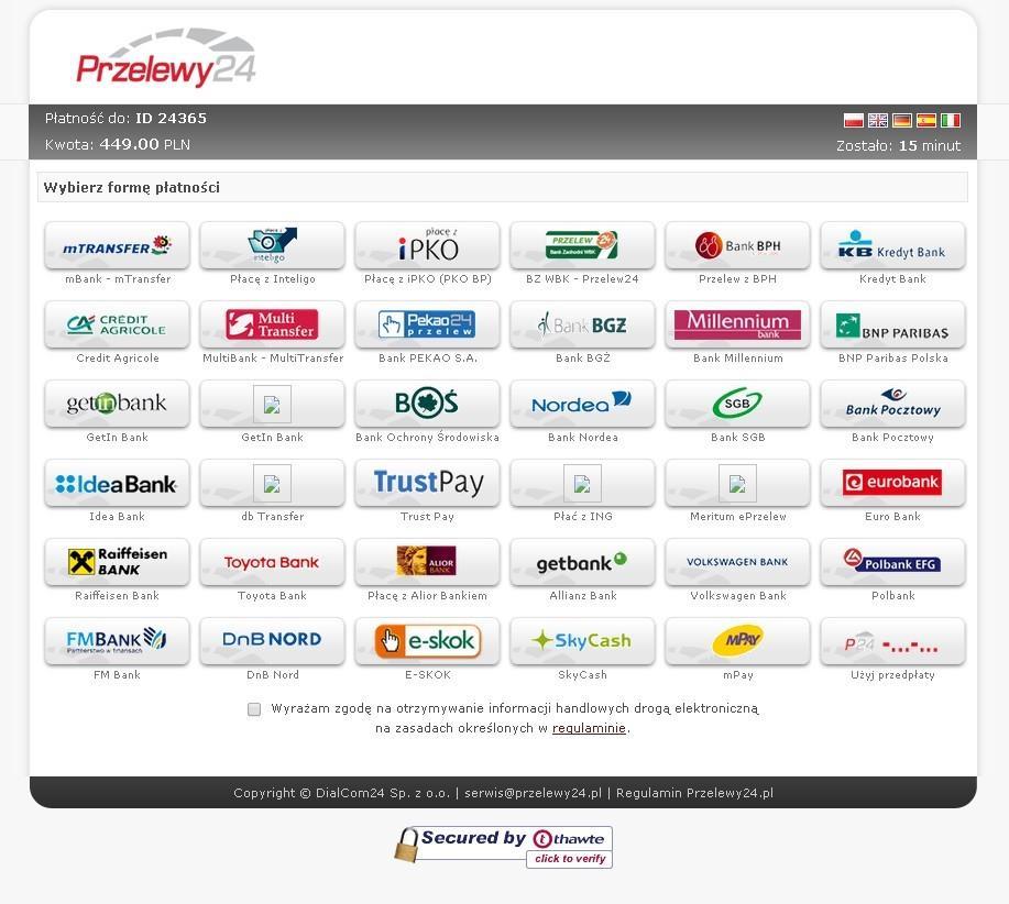 Serwis Przelewy24: Po wykonaniu transakcji użytkownik ponownie zostaje przekierowany do Platformy Informacyjno- Płatniczej i