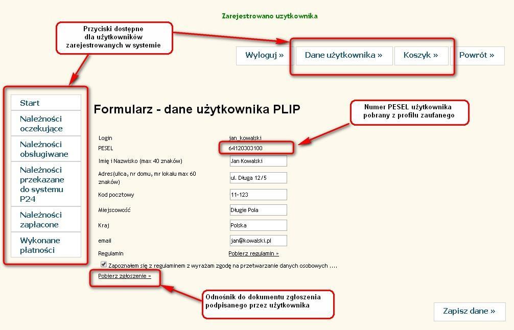 Logowanie do systemu Po poprawnym złożeniu podpisu pod dokumentem ponownie pojawia się formularz danych użytkownika, ale tym razem pole PESEL zostaje uzupełnione, dodany zostaje odnośnik pobierania